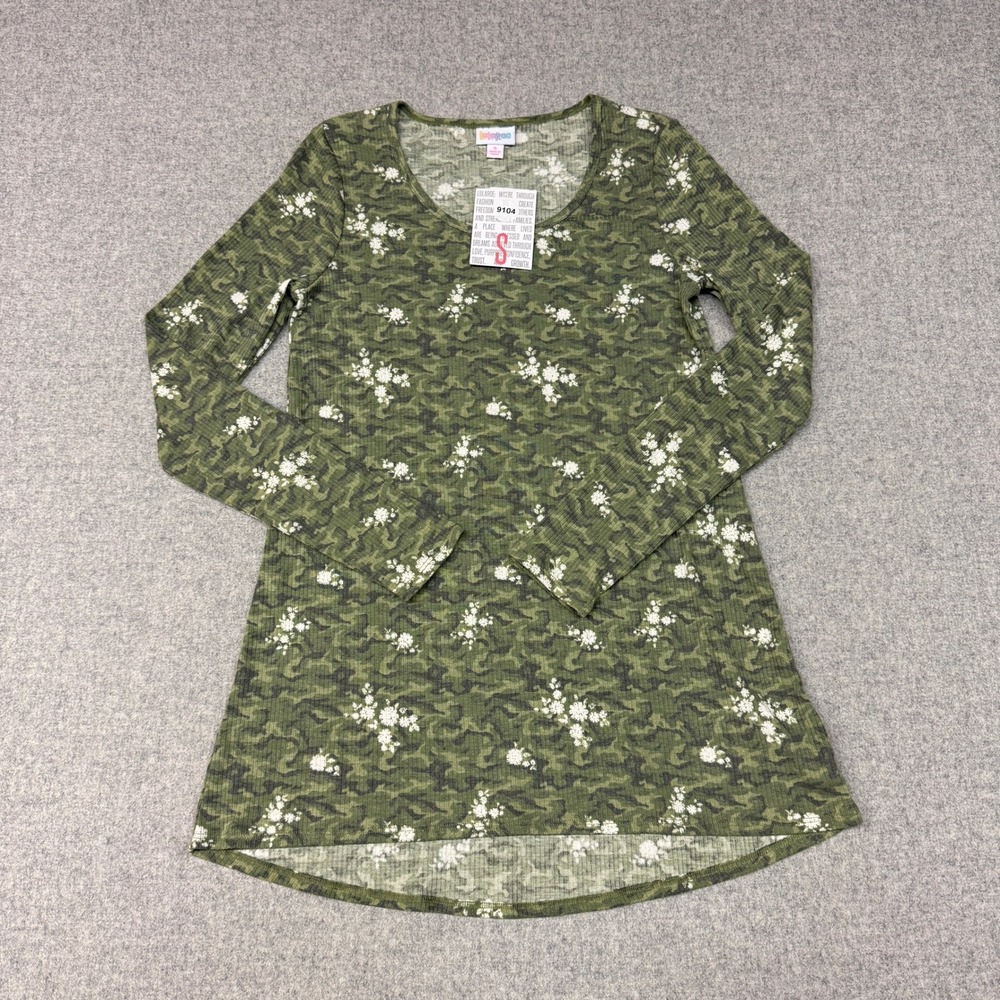 LuLaRoe Tunic Top Size Small Green Camo Floral Ribbed Long Sleeve High Low NWT